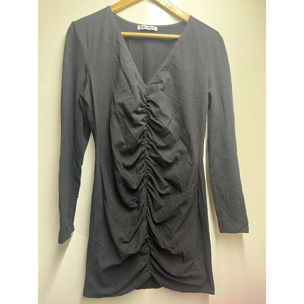 Reformation NEW Cally Stretch Cotton Long Sleeve Mini Dress In Black Size XL